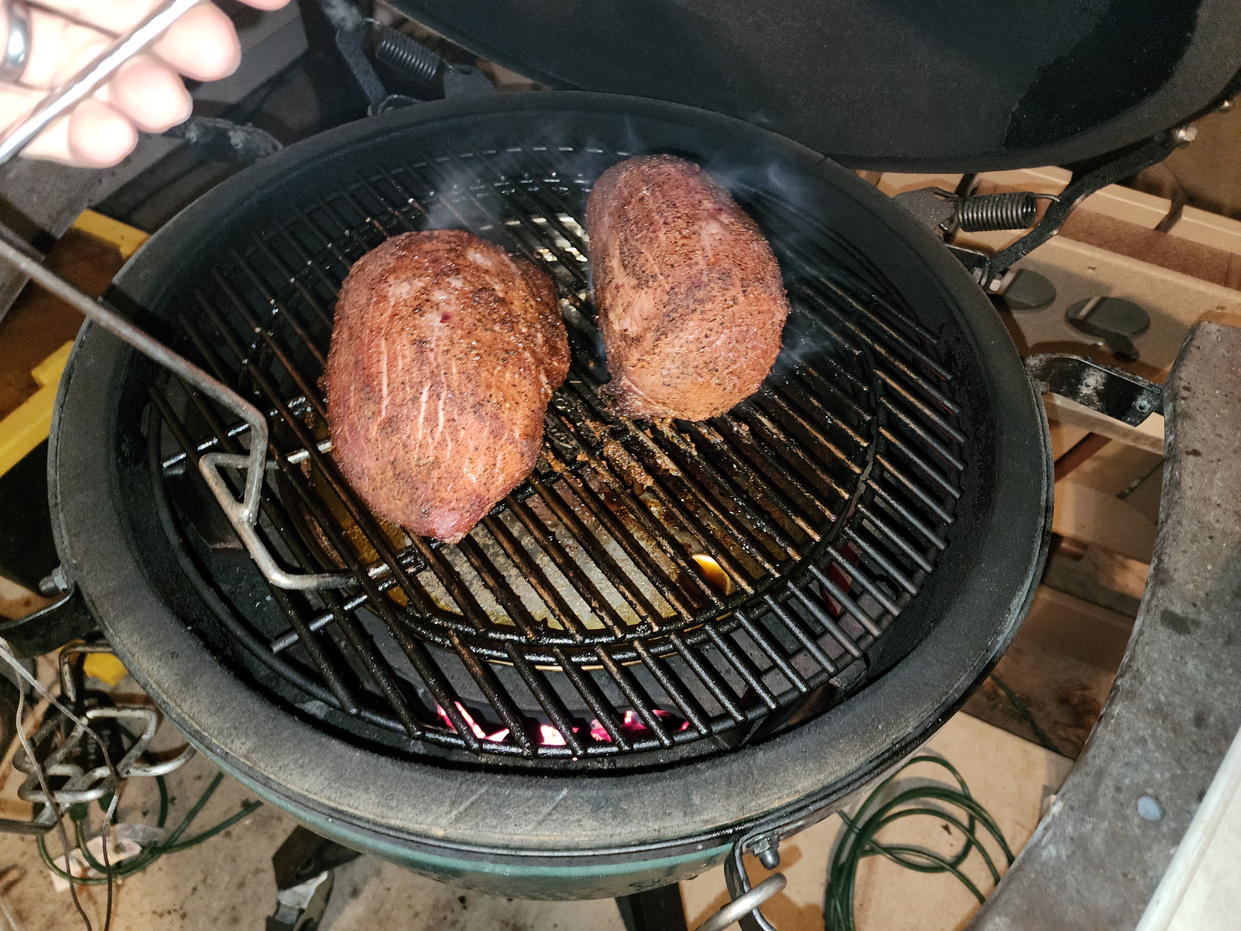 Eye of Round smoking above drip pan