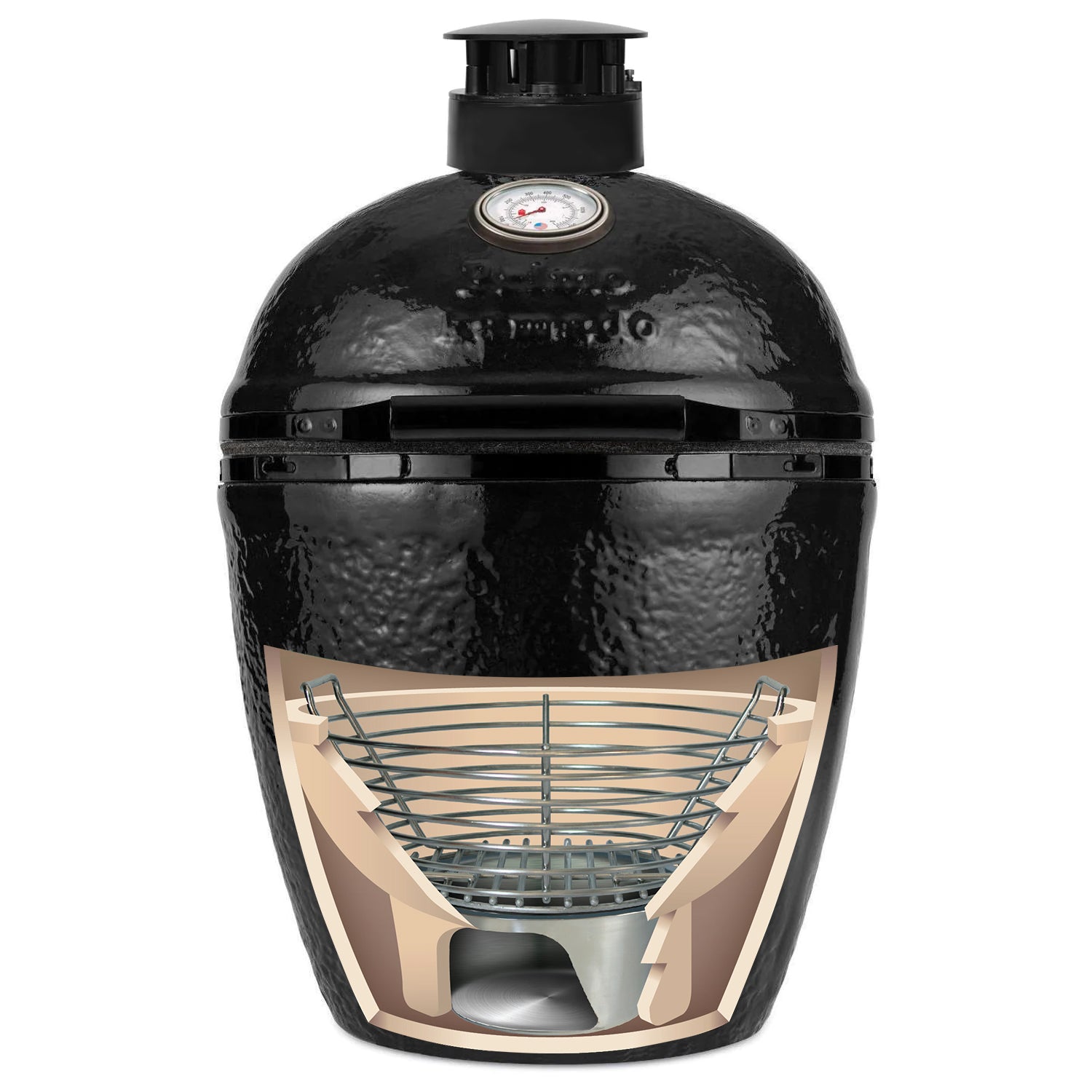 Kamado cut out showing location of Kick Ash Basket and Can